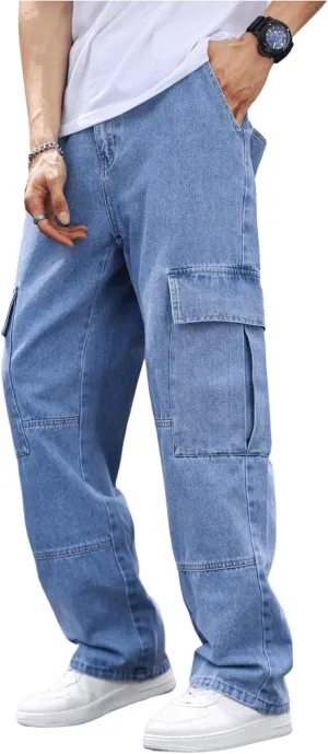 OYOANGLE Men's Flap Pocket Denim Cargo Pants Straight Leg Skateboard Jean Trousers