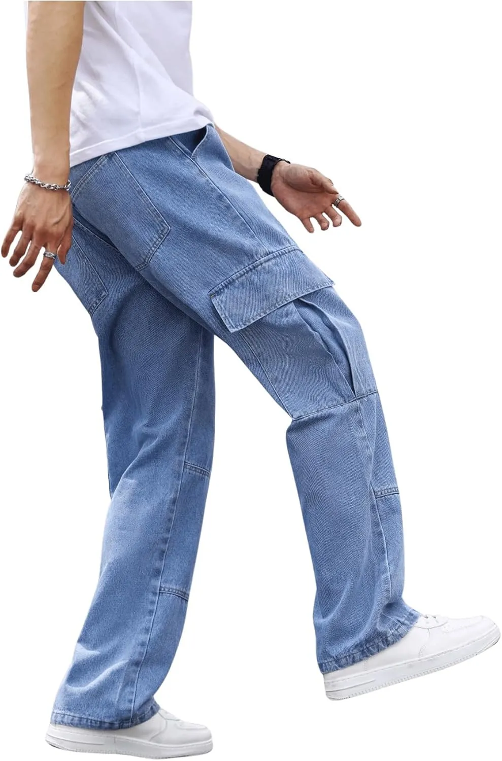OYOANGLE Men's Flap Pocket Denim Cargo Pants Straight Leg Skateboard Jean Trousers