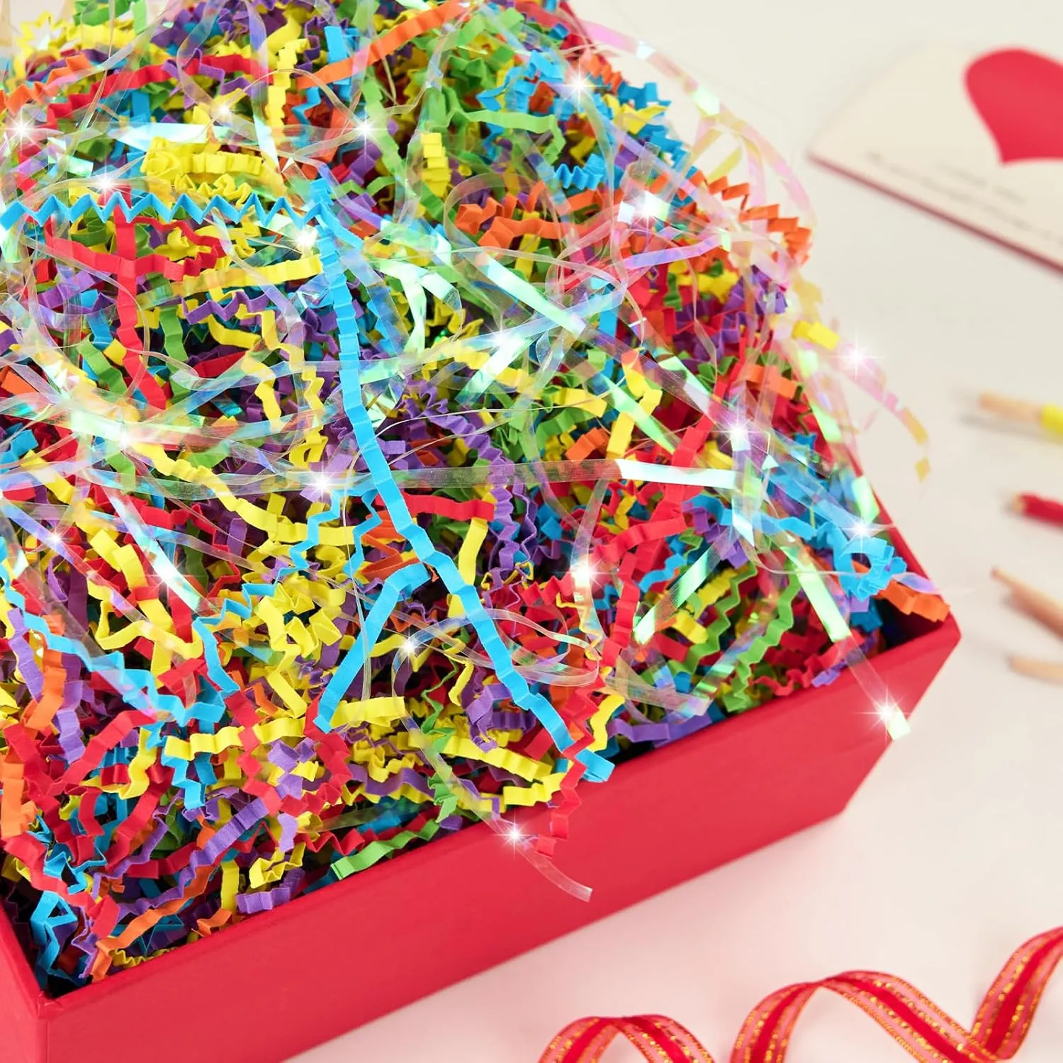 PAPER FAIR 1 LB Iridescent Rainbow Easter Grass Crinkle Cut Paper, Raffia Tissue Paper Filler Shred Strand Craft Bedding Cushion, Anniversary, Christmas, Birthday for Gift Basket Boxes