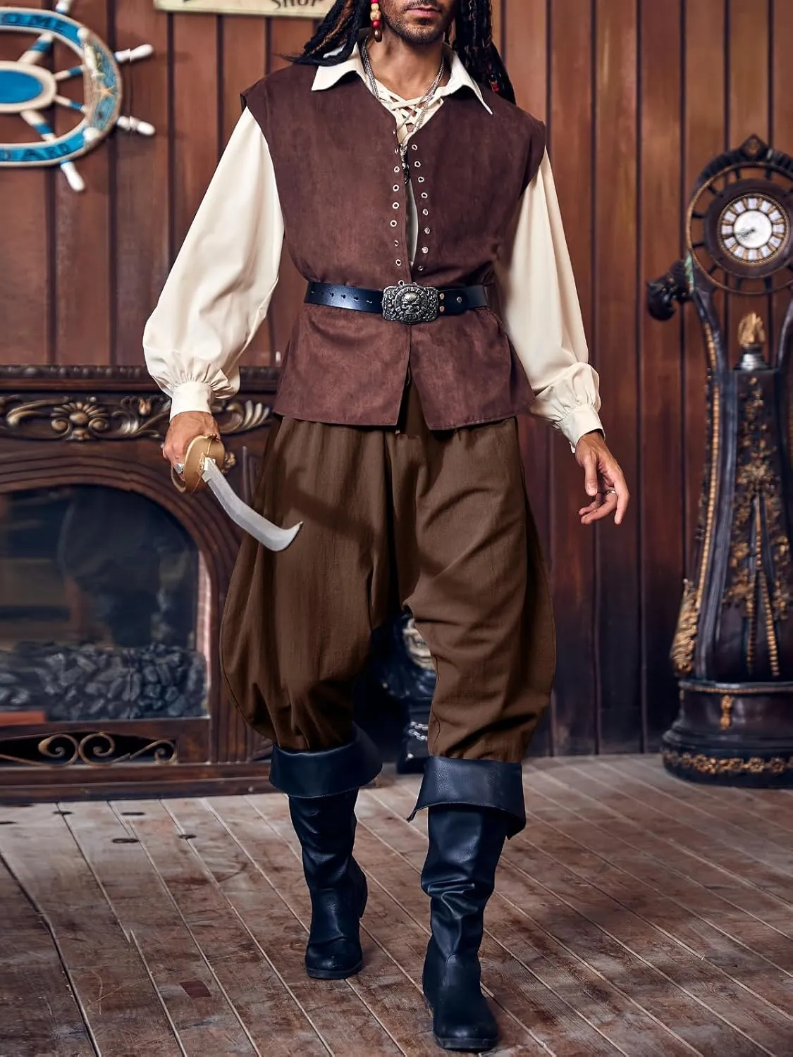 PASLTER Mens Pirate Pants Medieval Viking Costume Trousers Renaissance Halloween Baggy Harem Linen Pants