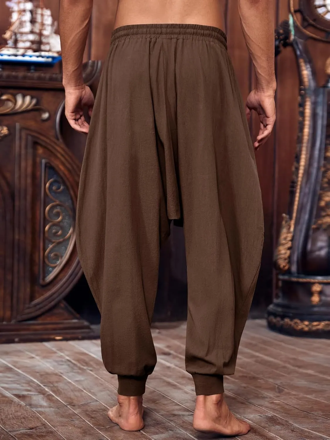 PASLTER Mens Pirate Pants Medieval Viking Costume Trousers Renaissance Halloween Baggy Harem Linen Pants