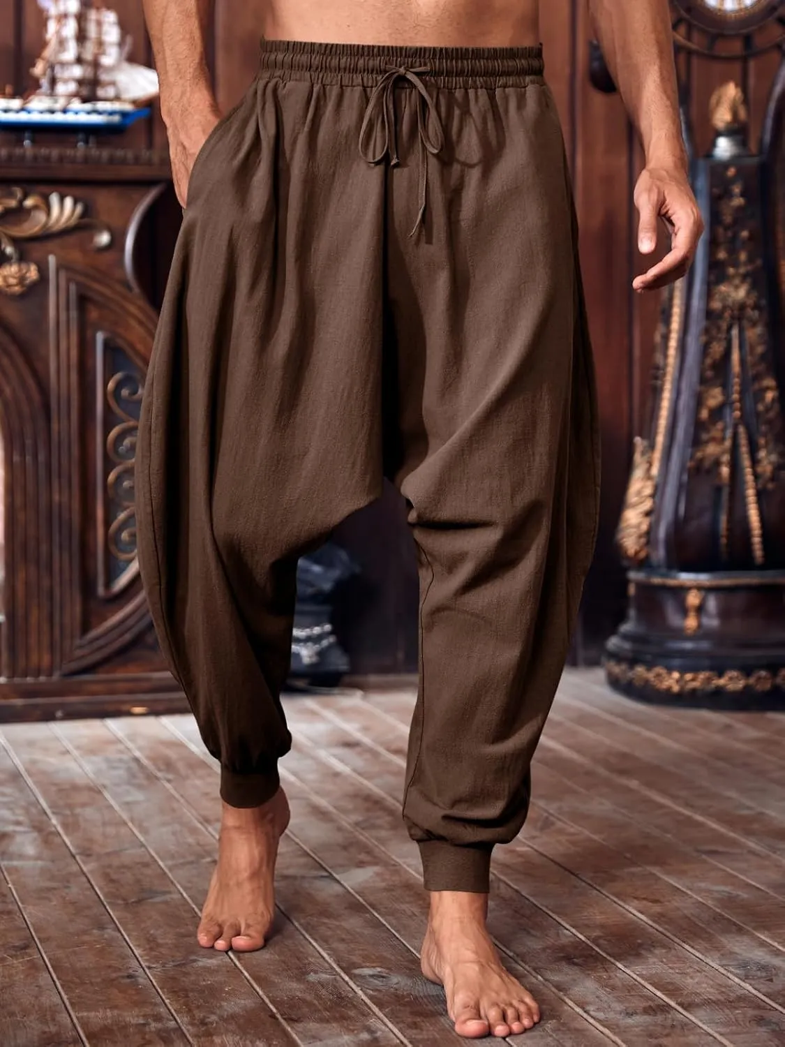 PASLTER Mens Pirate Pants Medieval Viking Costume Trousers Renaissance Halloween Baggy Harem Linen Pants