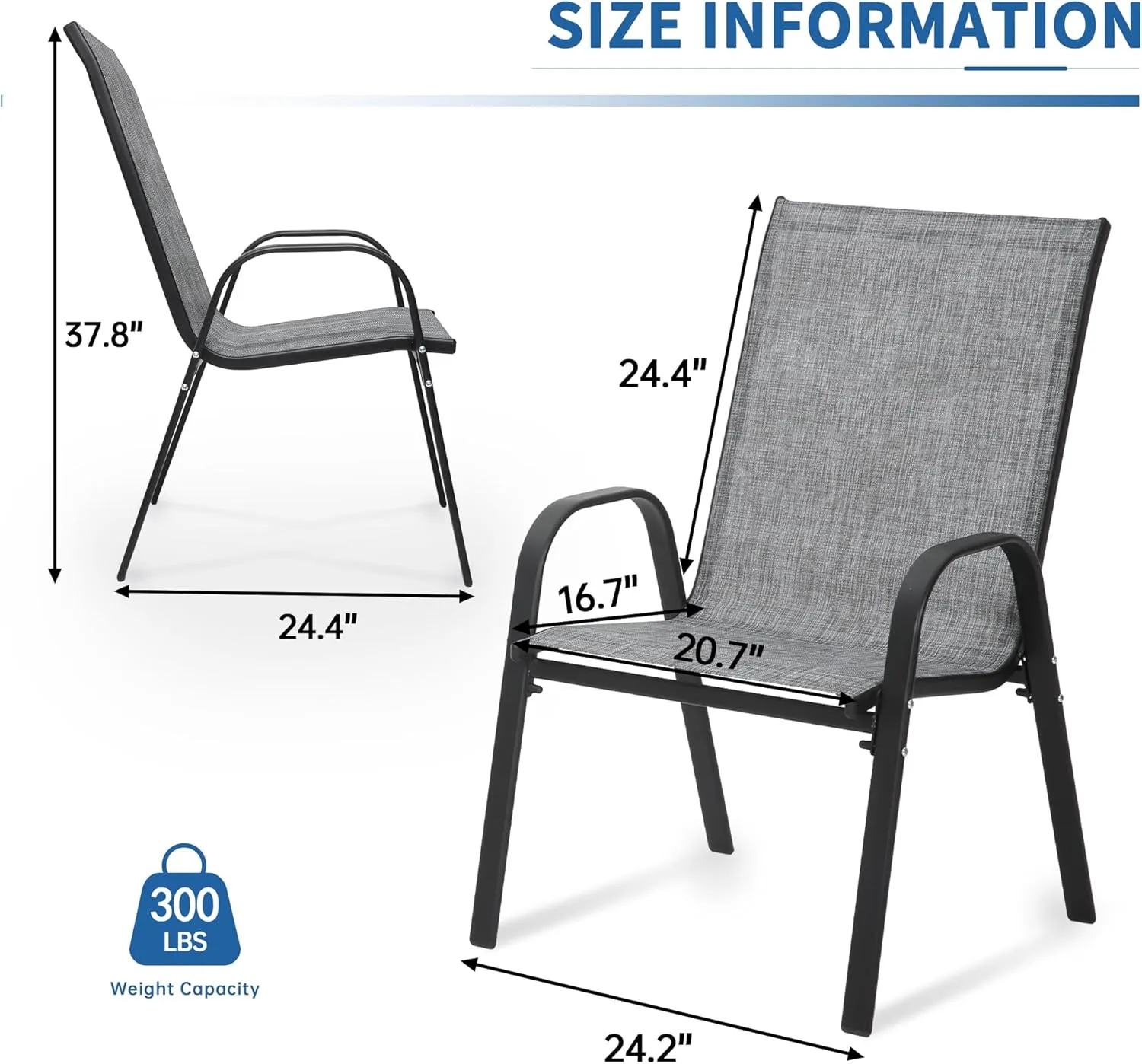 Patio Chairs Set of 8 - Outdoor Stackable Dining Chairs for All Weather - Lightweight Textilene Outdoor Chair Sets with Armrests - 300Lbs Capacity - for Backyard Garden Porch Poolside (Grey)