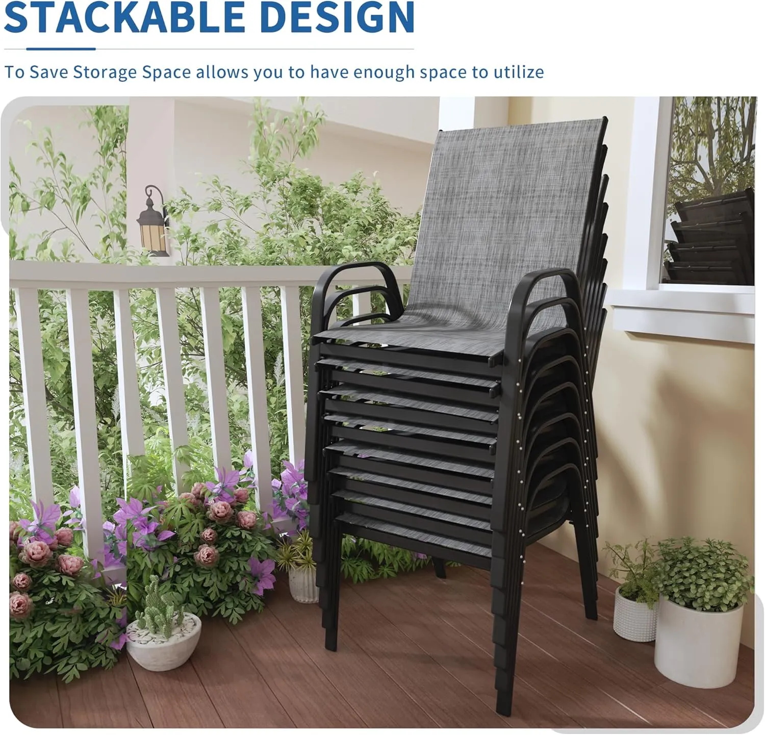 Patio Chairs Set of 8 - Outdoor Stackable Dining Chairs for All Weather - Lightweight Textilene Outdoor Chair Sets with Armrests - 300Lbs Capacity - for Backyard Garden Porch Poolside (Grey)