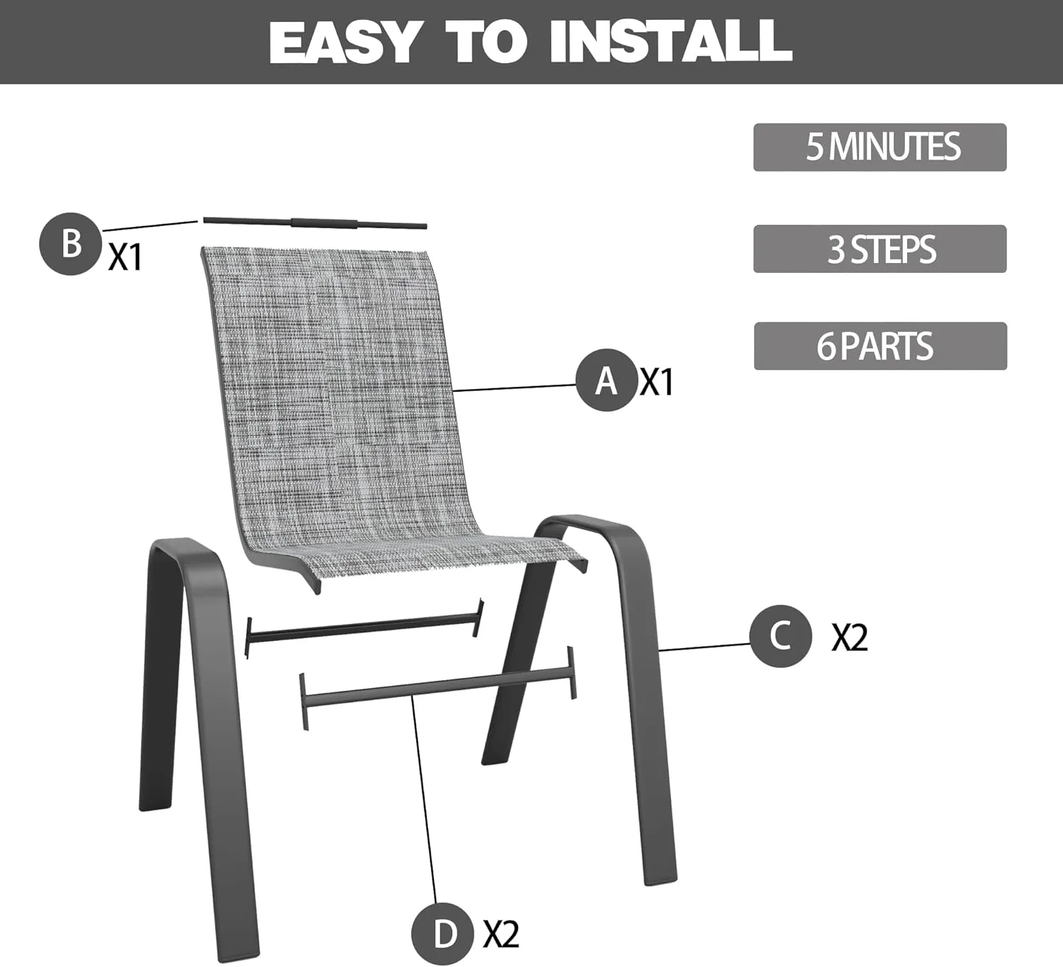 Patio Chairs, Stackable Outdoor Dining Chairs for All Weather Textilene Fabric & Metal Frame, Outdoor Chairs Set for Backyard Deck Garde (Grey, Set of 4)
