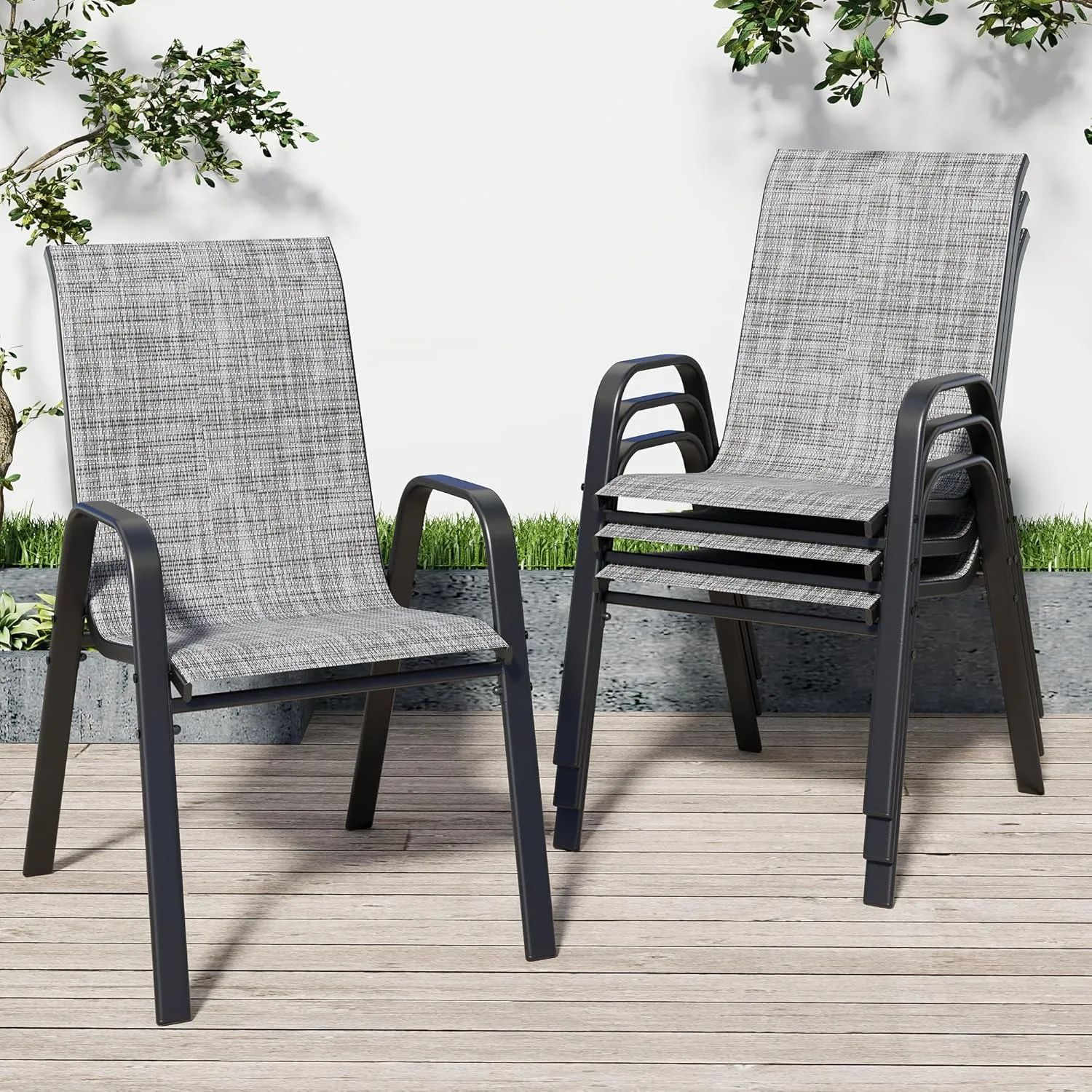 Patio Chairs, Stackable Outdoor Dining Chairs for All Weather Textilene Fabric & Metal Frame, Outdoor Chairs Set for Backyard Deck Garde (Grey, Set of 4)