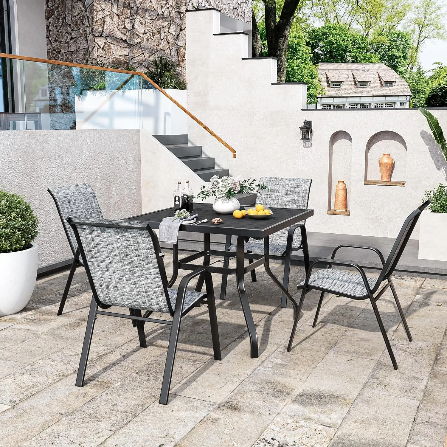 Patio Chairs, Stackable Outdoor Dining Chairs for All Weather Textilene Fabric & Metal Frame, Outdoor Chairs Set for Backyard Deck Garde (Grey, Set of 4)