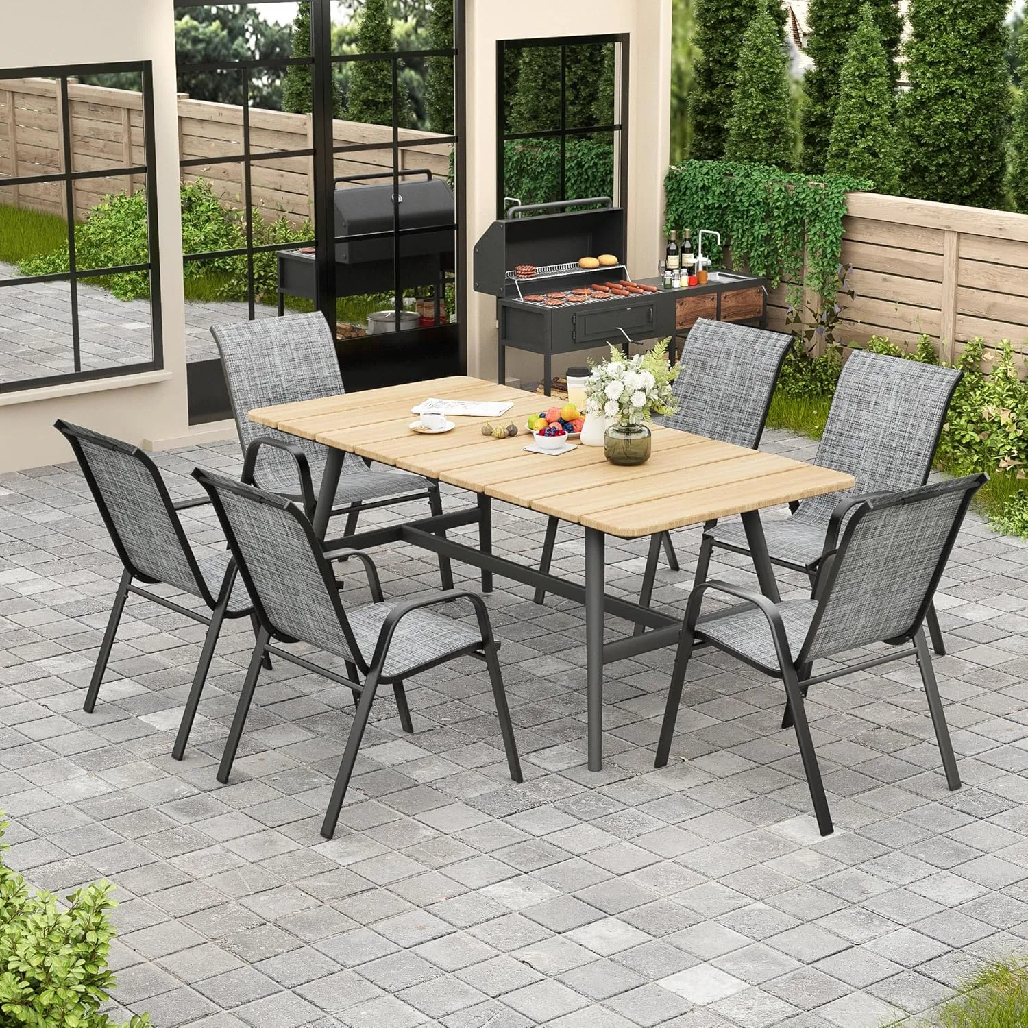 Patio Chairs, Stackable Outdoor Dining Chairs for All Weather Textilene Fabric & Metal Frame, Outdoor Chairs Set for Backyard Deck Garde (Grey, Set of 4)
