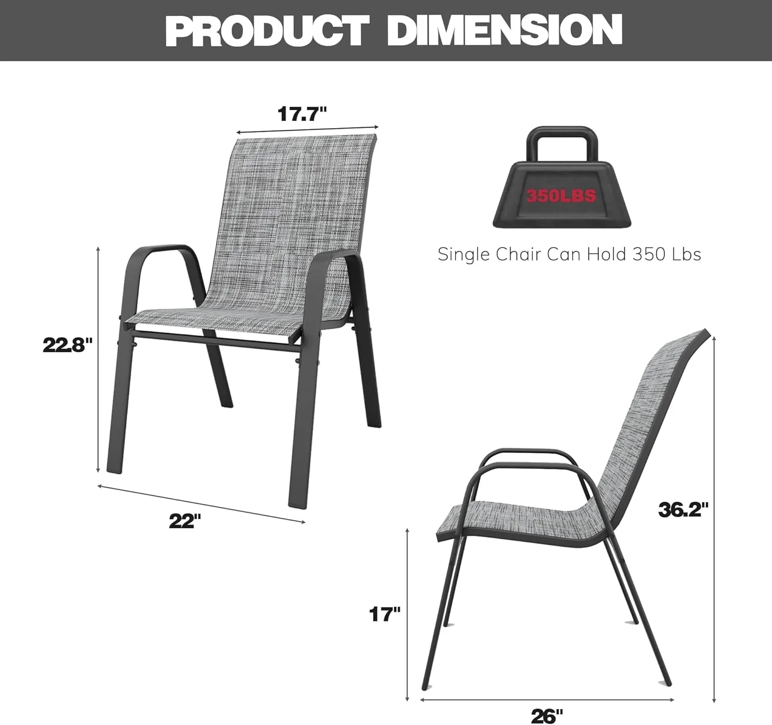 Patio Chairs, Stackable Outdoor Dining Chairs for All Weather Textilene Fabric & Metal Frame, Outdoor Chairs Set for Backyard Deck Garde (Grey, Set of 4)