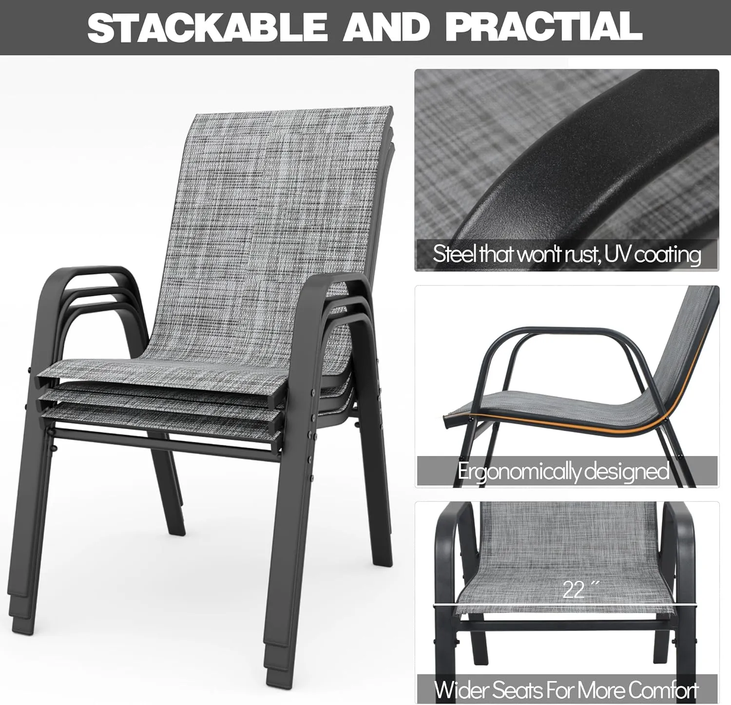 Patio Chairs, Stackable Outdoor Dining Chairs for All Weather Textilene Fabric & Metal Frame, Outdoor Chairs Set for Backyard Deck Garde (Grey, Set of 4)