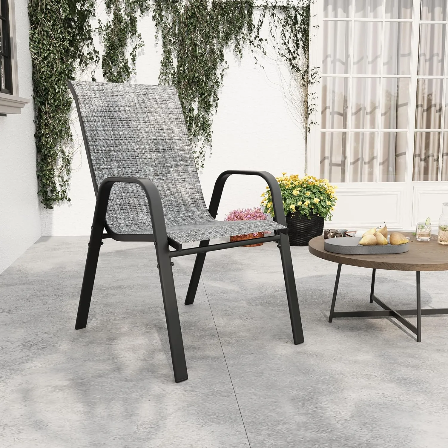 Patio Chairs, Stackable Outdoor Dining Chairs for All Weather Textilene Fabric & Metal Frame, Outdoor Chairs Set for Backyard Deck Garde (Grey, Set of 4)