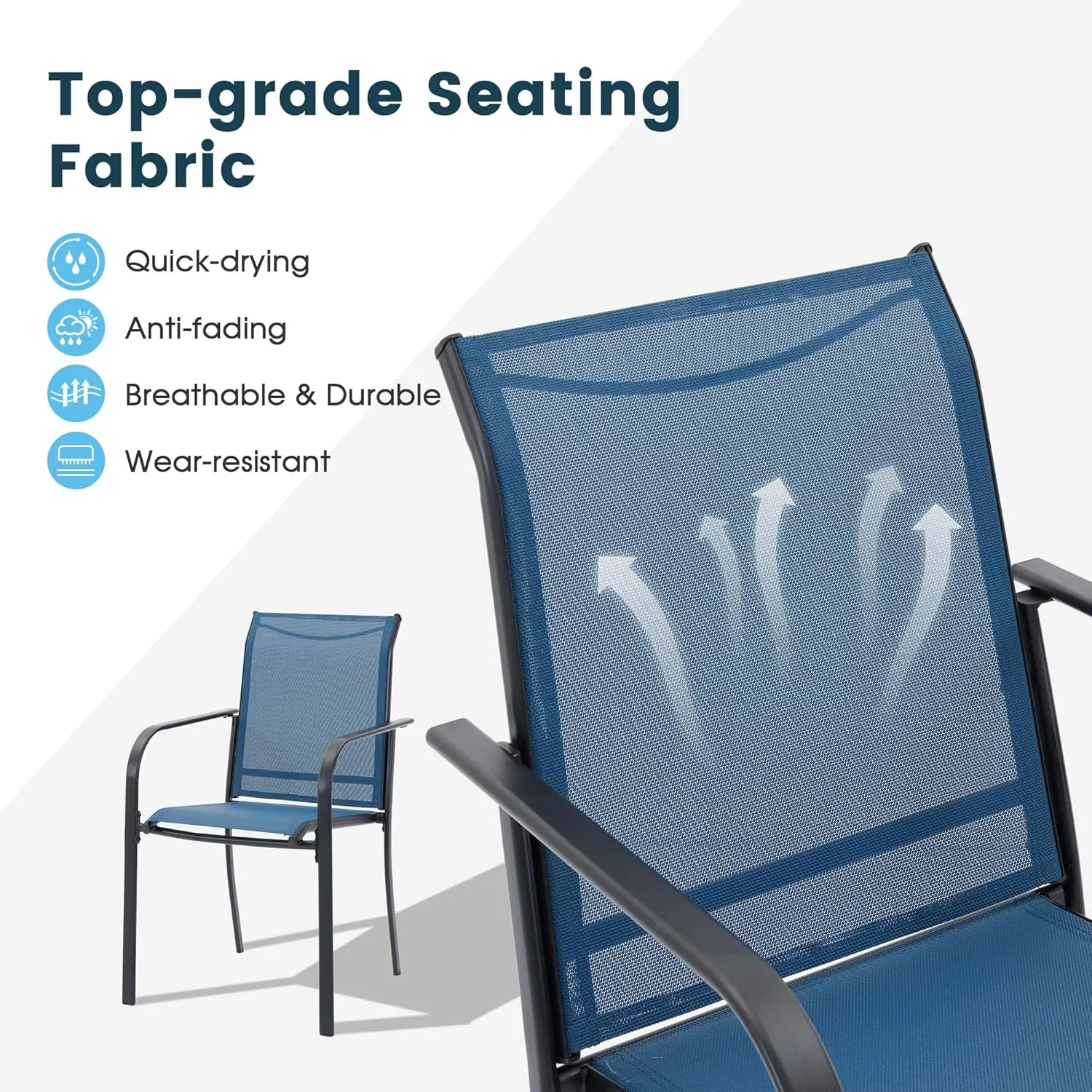 Patio Dining Chairs Set of 2, Stackable Outdoor Textilene Chairs with High Back, Armrests, Outdoor Metal Frame Patio Chairs for Porch, Lawn, Garden, Deck, Blue Fabric