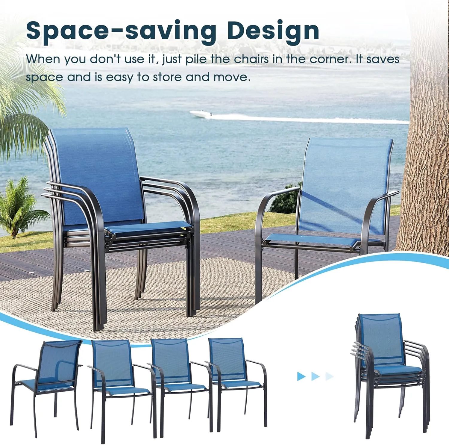 Patio Dining Chairs Set of 2, Stackable Outdoor Textilene Chairs with High Back, Armrests, Outdoor Metal Frame Patio Chairs for Porch, Lawn, Garden, Deck, Blue Fabric