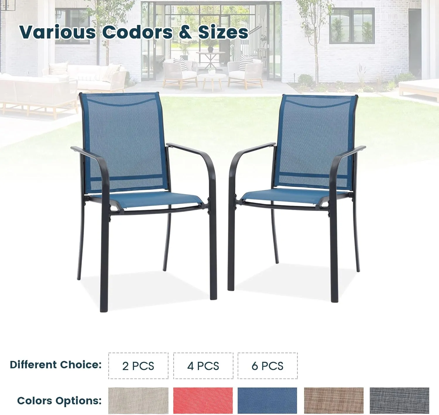 Patio Dining Chairs Set of 2, Stackable Outdoor Textilene Chairs with High Back, Armrests, Outdoor Metal Frame Patio Chairs for Porch, Lawn, Garden, Deck, Blue Fabric