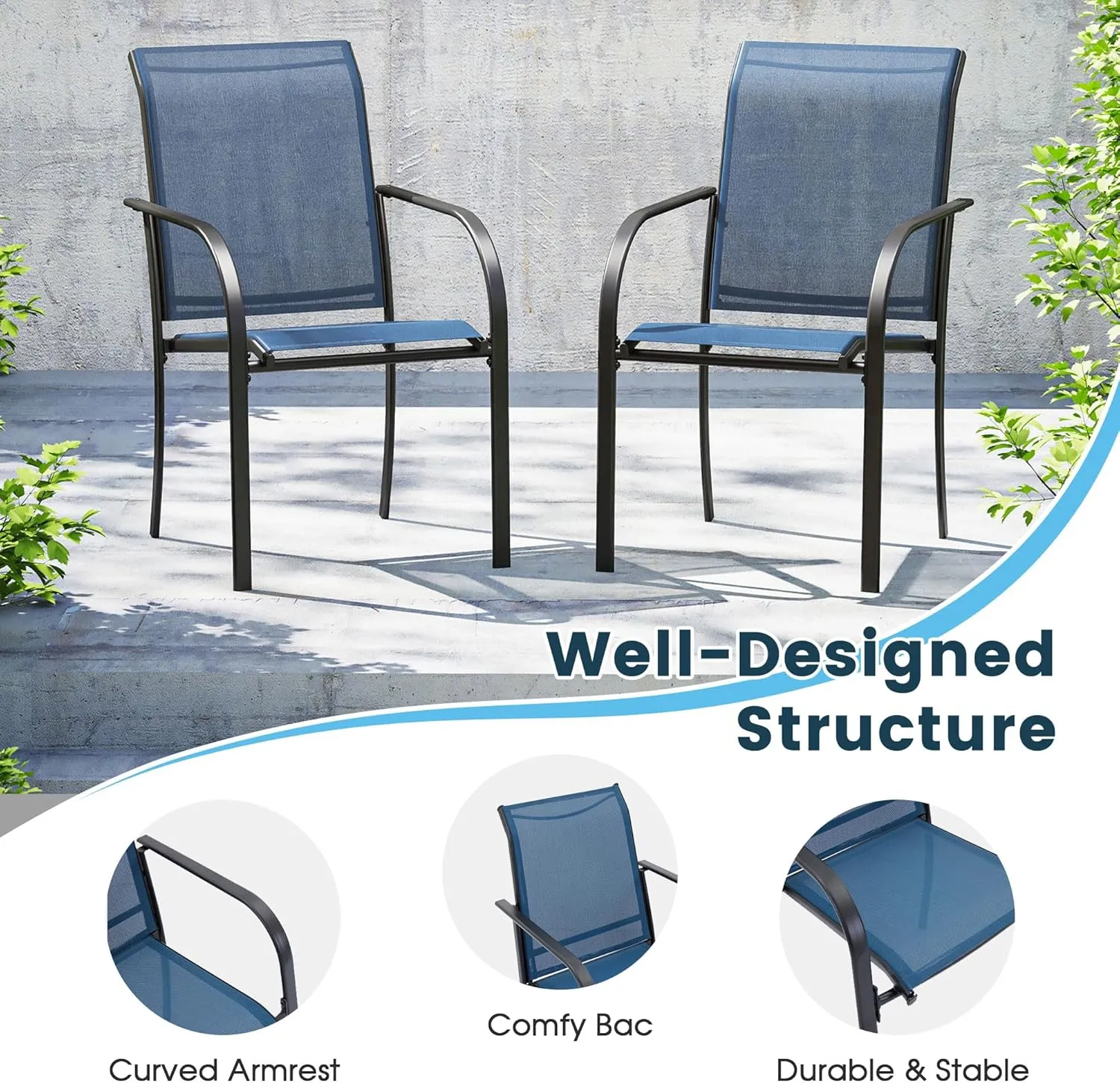 Patio Dining Chairs Set of 2, Stackable Outdoor Textilene Chairs with High Back, Armrests, Outdoor Metal Frame Patio Chairs for Porch, Lawn, Garden, Deck, Blue Fabric