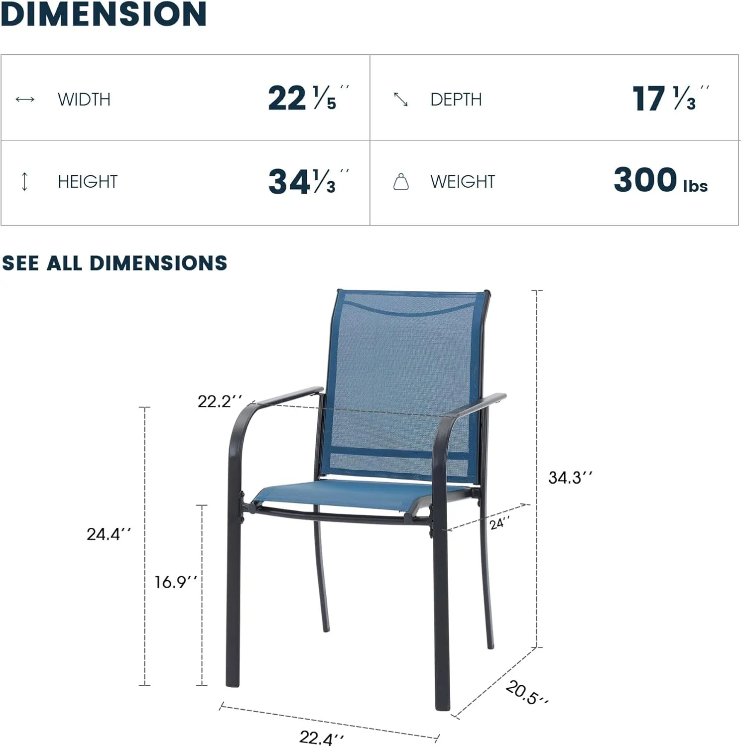 Patio Dining Chairs Set of 2, Stackable Outdoor Textilene Chairs with High Back, Armrests, Outdoor Metal Frame Patio Chairs for Porch, Lawn, Garden, Deck, Blue Fabric