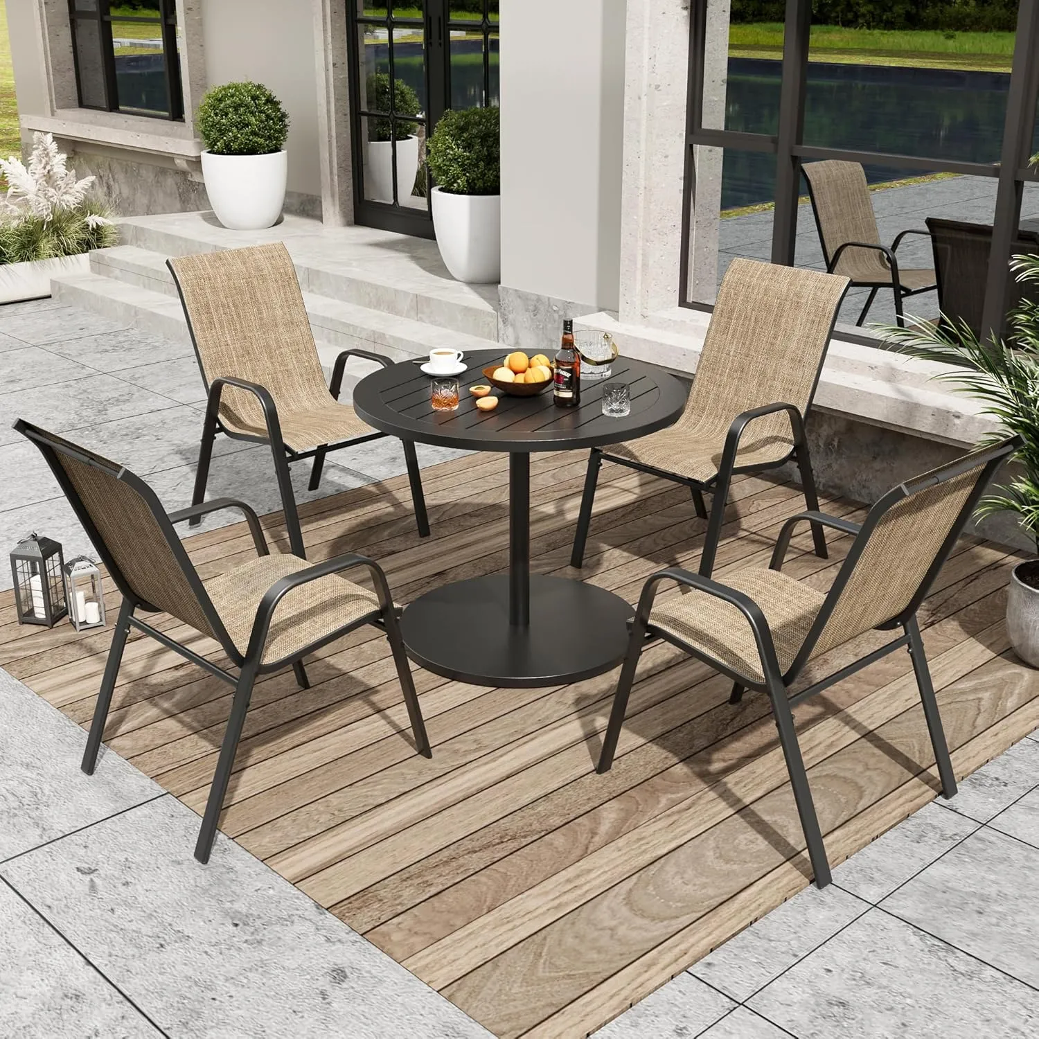 Patio Dining Chairs Set of 4 Outdoor Stackable Dining Chairs for All Weather 330lbs Capacity Heavy Duty Textilene Fabric Rustproof Metal Frame Patio Furniture for Backyard Garden Poolside (Brown)