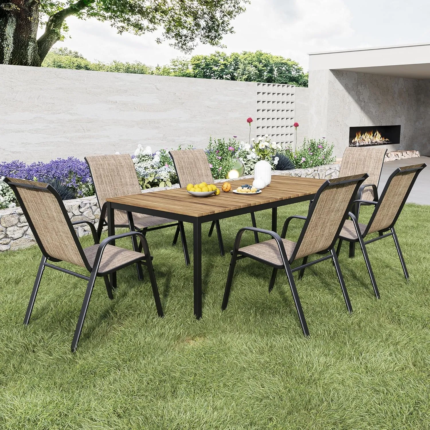 Patio Dining Chairs Set of 4 Outdoor Stackable Dining Chairs for All Weather 330lbs Capacity Heavy Duty Textilene Fabric Rustproof Metal Frame Patio Furniture for Backyard Garden Poolside (Brown)