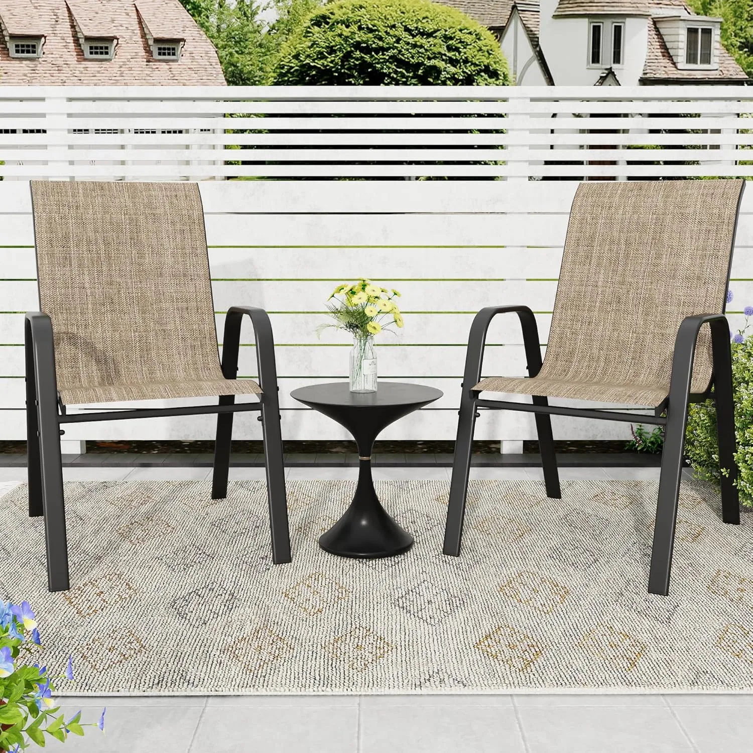 Patio Dining Chairs Set of 4 Outdoor Stackable Dining Chairs for All Weather 330lbs Capacity Heavy Duty Textilene Fabric Rustproof Metal Frame Patio Furniture for Backyard Garden Poolside (Brown)