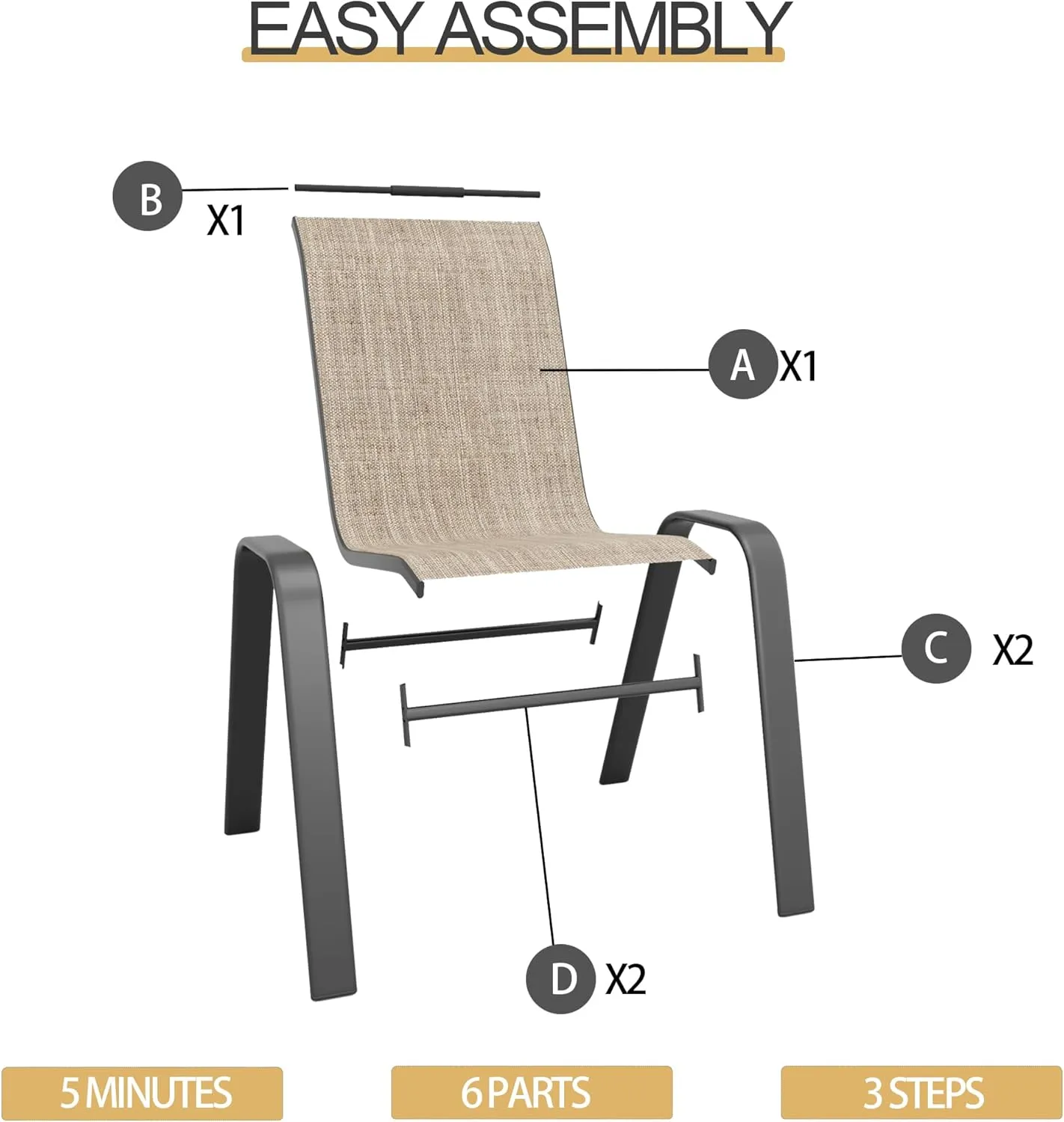 Patio Dining Chairs Set of 4 Outdoor Stackable Dining Chairs for All Weather 330lbs Capacity Heavy Duty Textilene Fabric Rustproof Metal Frame Patio Furniture for Backyard Garden Poolside (Brown)