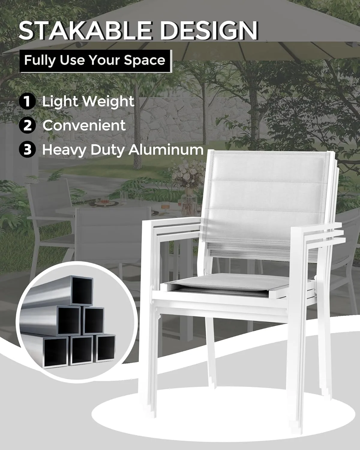Patio Stackable Chairs Set of 2, Outdoor Aluminum Stacking Dining Chairs with Textilene Fabric for Outdoor, Patio, Deck, Backyard