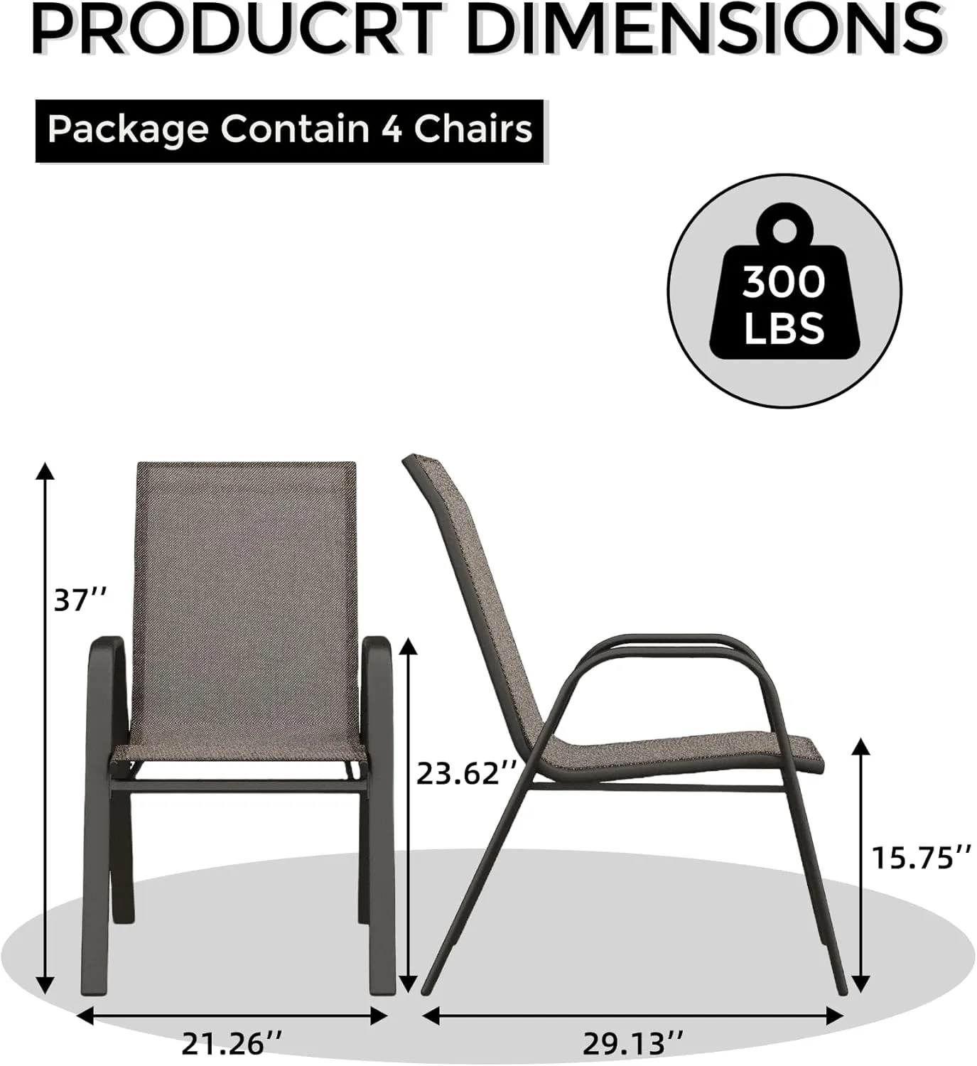 Patio Stackable Chairs Set of 4, Outdoor Stacking Dining Chairs with Breathable Textilene Fabric & Metal Frame for Outdoor, Patio, Deck, Backyard, Brown