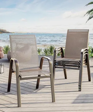 Patio Stackable Chairs Set of 4, Outdoor Stacking Dining Chairs with Breathable Textilene Fabric & Metal Frame for Outdoor, Patio, Deck, Backyard, Brown