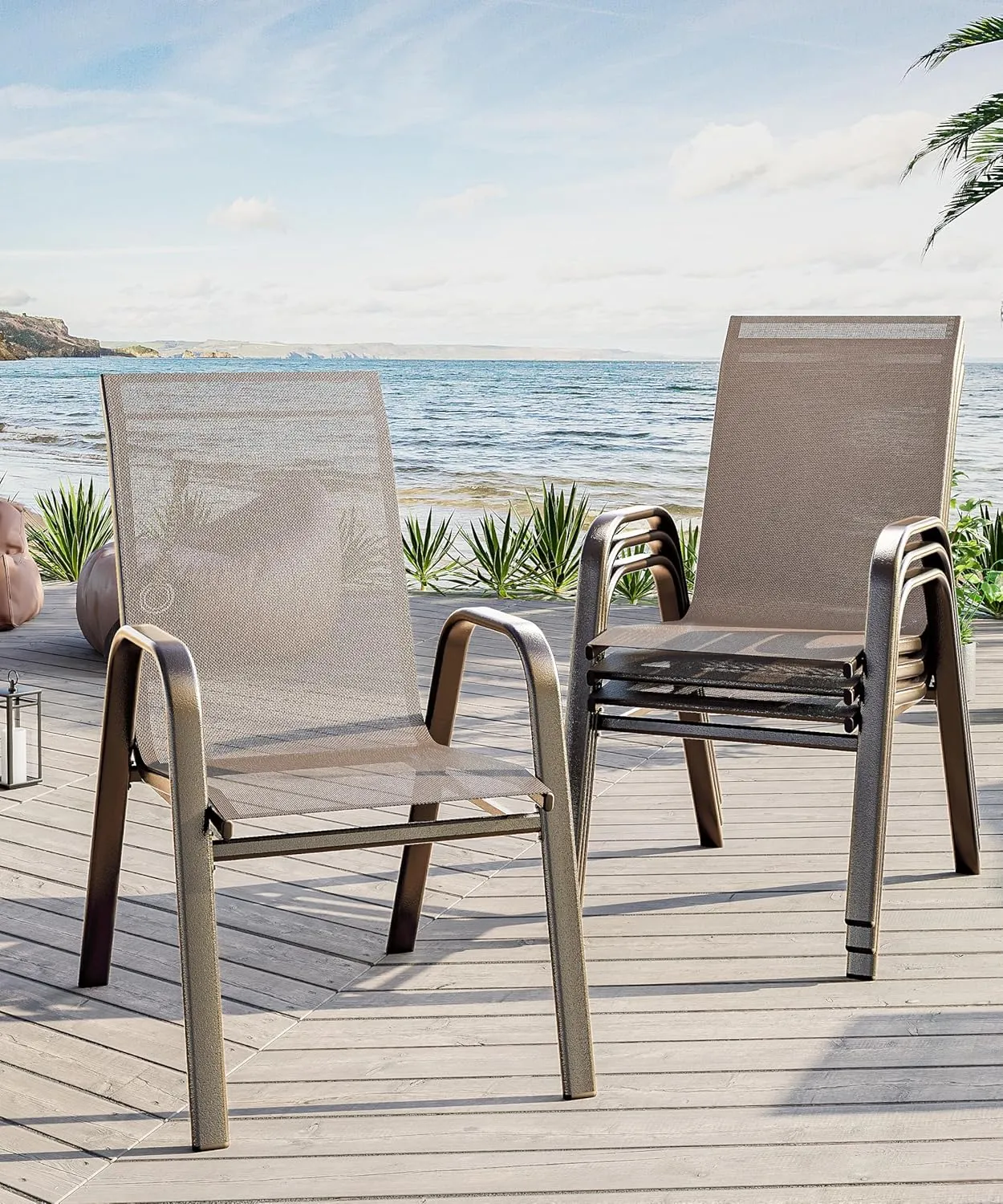 Patio Stackable Chairs Set of 4, Outdoor Stacking Dining Chairs with Breathable Textilene Fabric & Metal Frame for Outdoor, Patio, Deck, Backyard, Brown