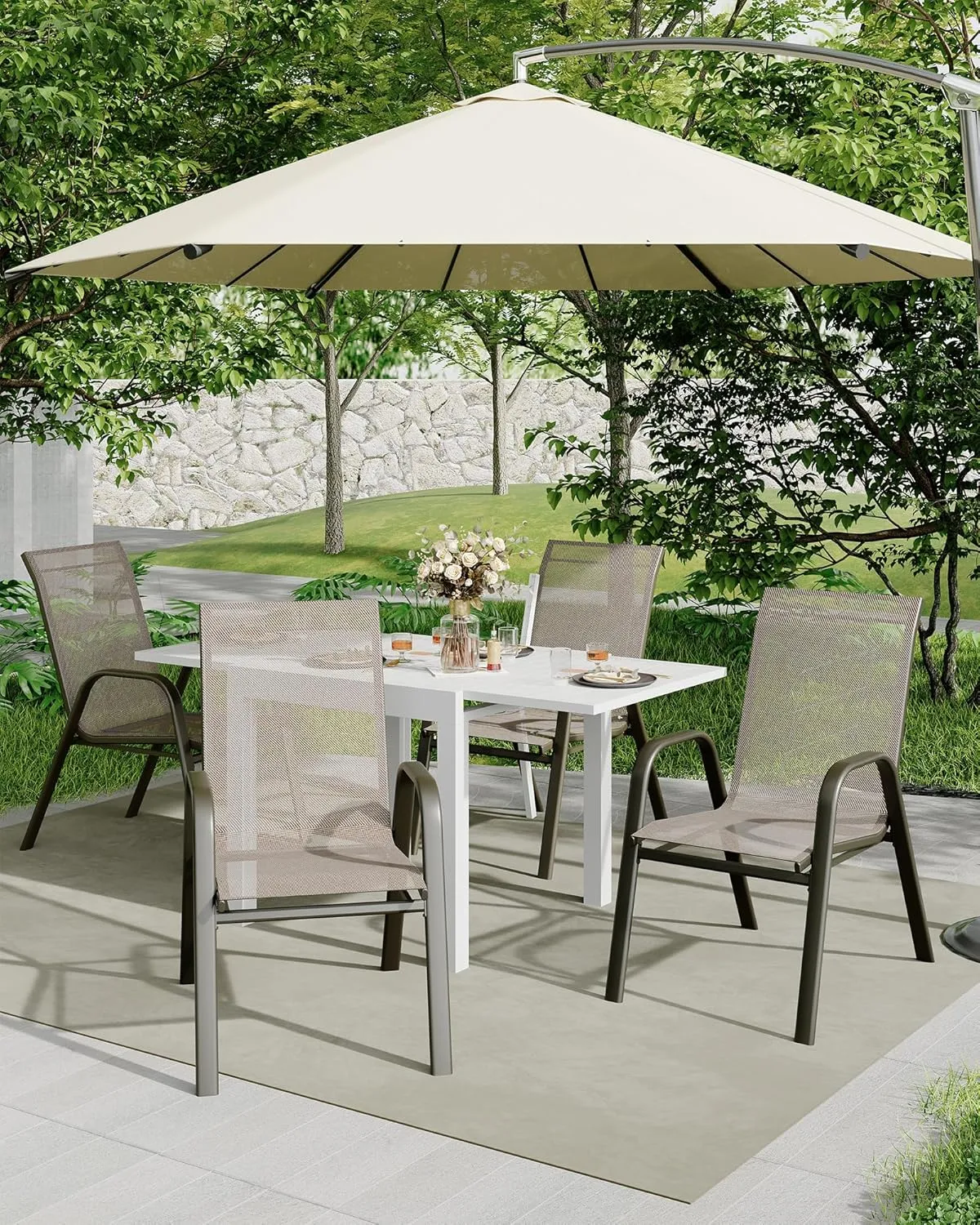 Patio Stackable Chairs Set of 4, Outdoor Stacking Dining Chairs with Breathable Textilene Fabric & Metal Frame for Outdoor, Patio, Deck, Backyard, Brown