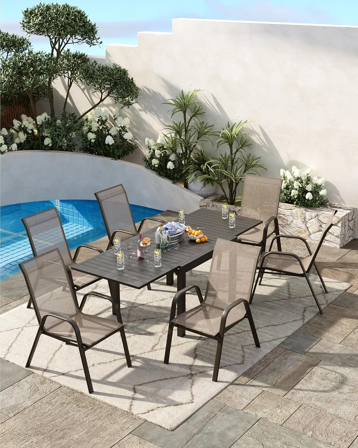 Patio Stackable Chairs Set of 4, Outdoor Stacking Dining Chairs with Breathable Textilene Fabric & Metal Frame for Outdoor, Patio, Deck, Backyard, Brown