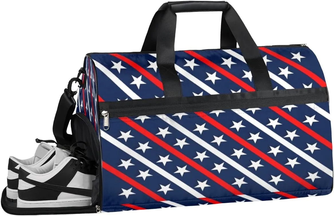 Patriotic Star Stripe Gym Bag for Men Women Fitness Workout Sports Duffle Bag with Shoes Compartment 4th Of July Water Resistant Overnight Weekender Duffel Bag