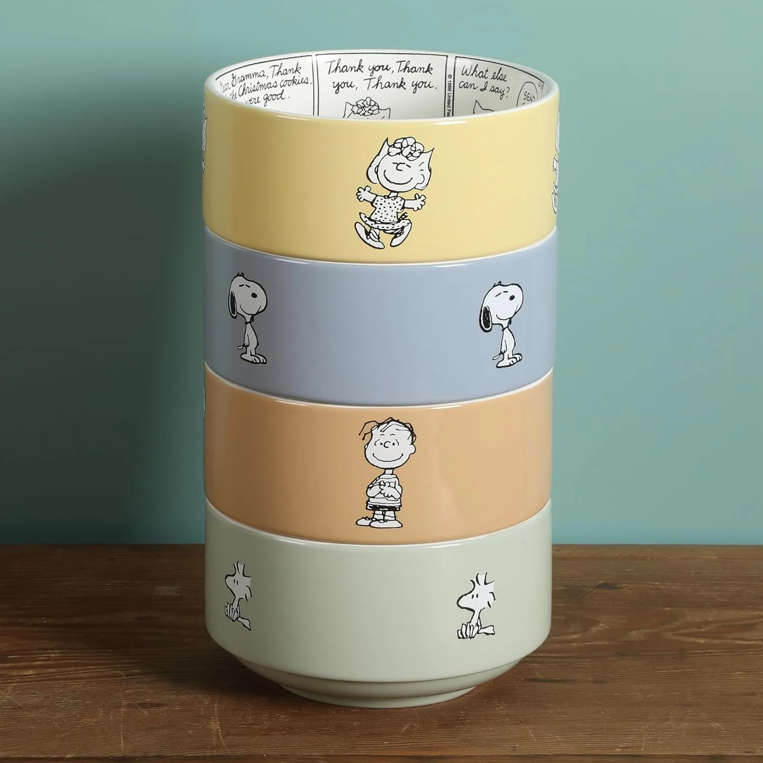 Peanuts Snoopy Bonbon Bites 4 Piece 5.5" Decorated Stoneware Ceramic Stackable Bowl Set