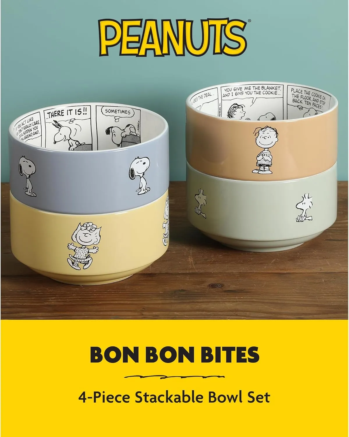Peanuts Snoopy Bonbon Bites 4 Piece 5.5" Decorated Stoneware Ceramic Stackable Bowl Set
