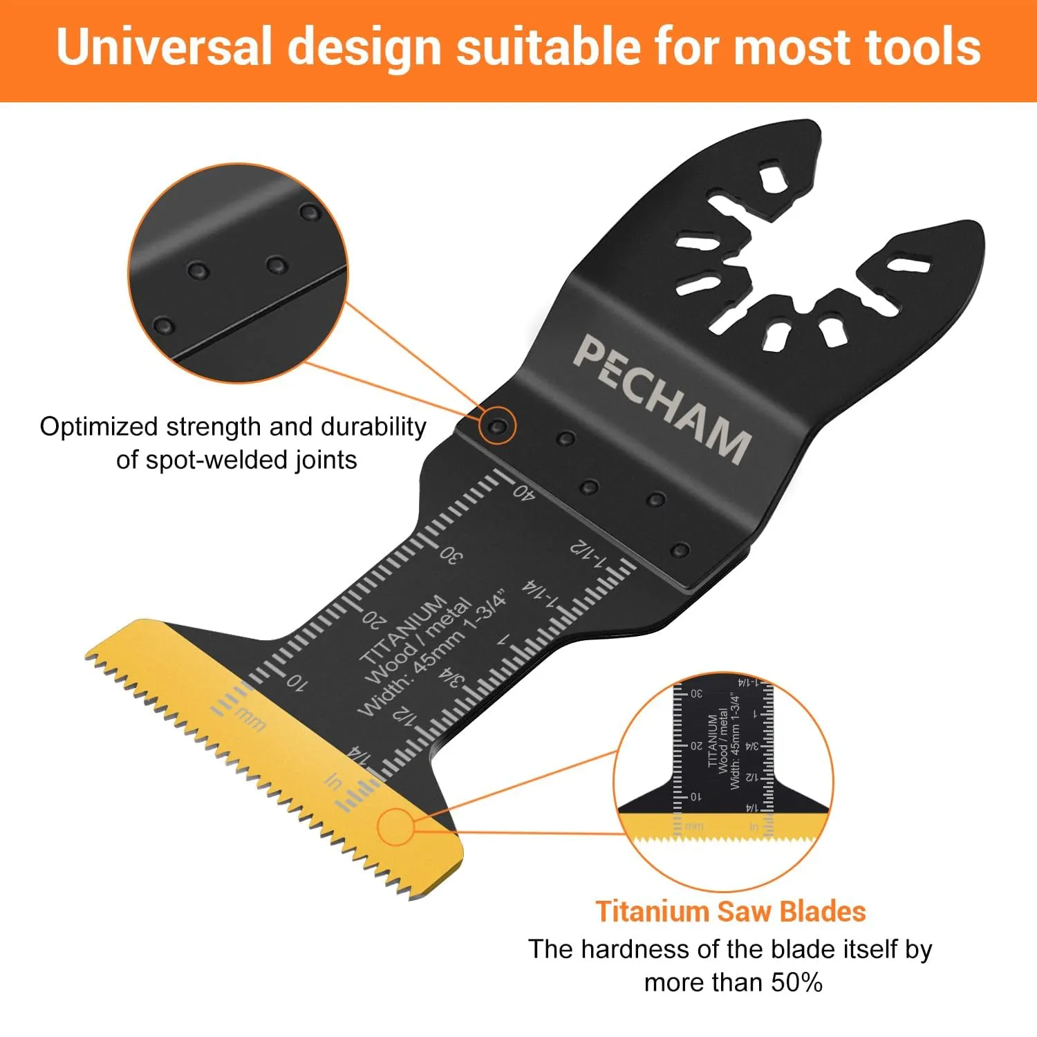 PECHAM 50PCS Titanium Oscillating Tool Blades, Universal Oscillating Multitool Blades Metal Cutting Quick Release for Hard Material Metal Nails Wood Plastic Fit Dewalt Rockwell Milwaukee Makita Bosch