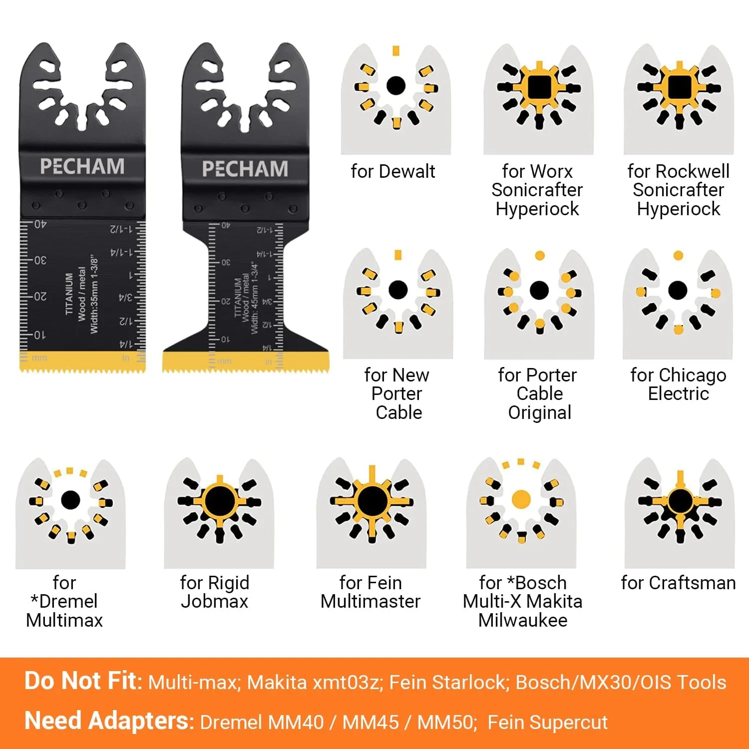 PECHAM 50PCS Titanium Oscillating Tool Blades, Universal Oscillating Multitool Blades Metal Cutting Quick Release for Hard Material Metal Nails Wood Plastic Fit Dewalt Rockwell Milwaukee Makita Bosch