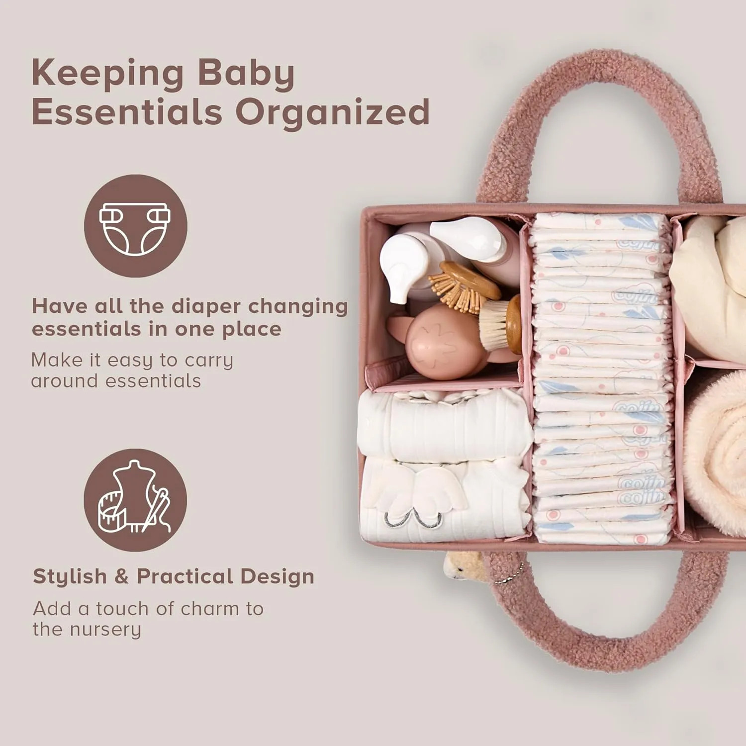 PeraBella Baby Diaper Caddy Organizer with Handle, Newborn Baby Essentials Registry Search Must Haves, Shower Gift Basket Boy&Girl, Portable Diaper Storage Basket Bin for Wipes, Car Caddy Organizer