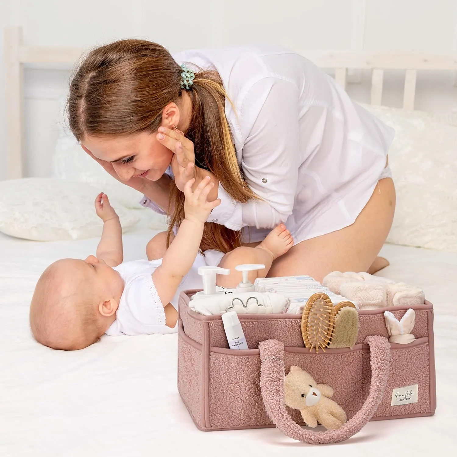 PeraBella Baby Diaper Caddy Organizer with Handle, Newborn Baby Essentials Registry Search Must Haves, Shower Gift Basket Boy&Girl, Portable Diaper Storage Basket Bin for Wipes, Car Caddy Organizer