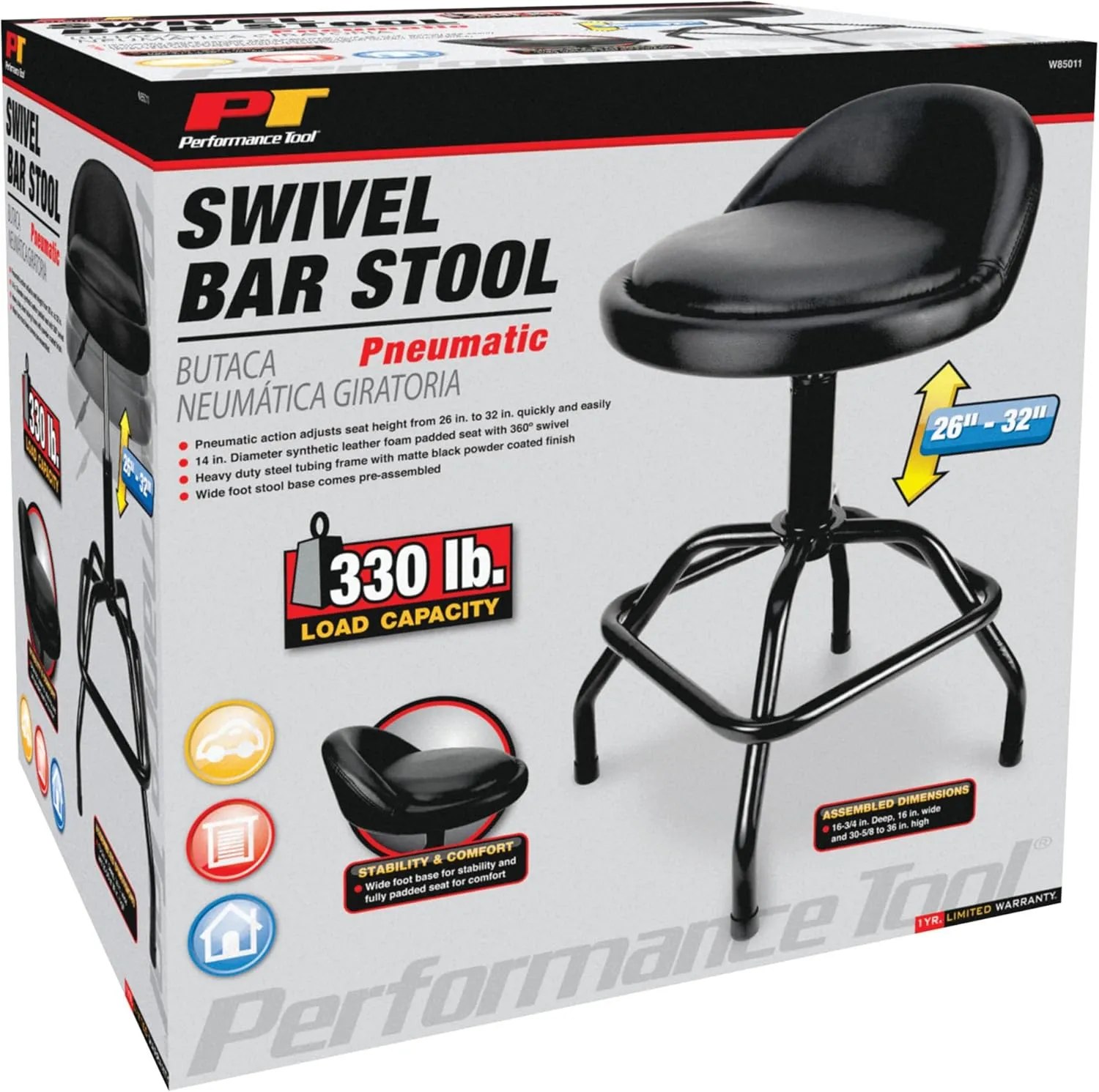 Performance Tool W85011 Pneumatic Swivel Bar Stool with Back Support, 360-Degree Swivel, Heavy Duty Steel Frame, Black