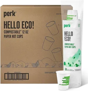 Perk Staples Disposable Coffee Cup, Eco Compostable Hot Beverage Paper Cups, Perfect for On-The-Go Tea or Hot Cocoa, 12 Oz, 500-Pack, White/Green