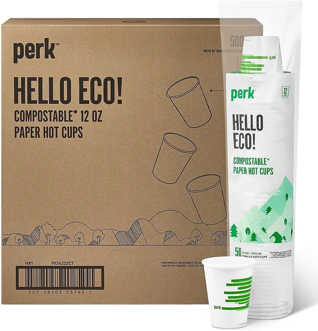 Perk Staples Disposable Coffee Cup, Eco Compostable Hot Beverage Paper Cups, Perfect for On-The-Go Tea or Hot Cocoa, 12 Oz, 500-Pack, White/Green