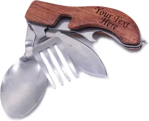 Personalized 4-in-1 Camping Utensils with Knife, Fork, Spoon and Can Opener - Engraved Compact Folding Travel Utensil Set
