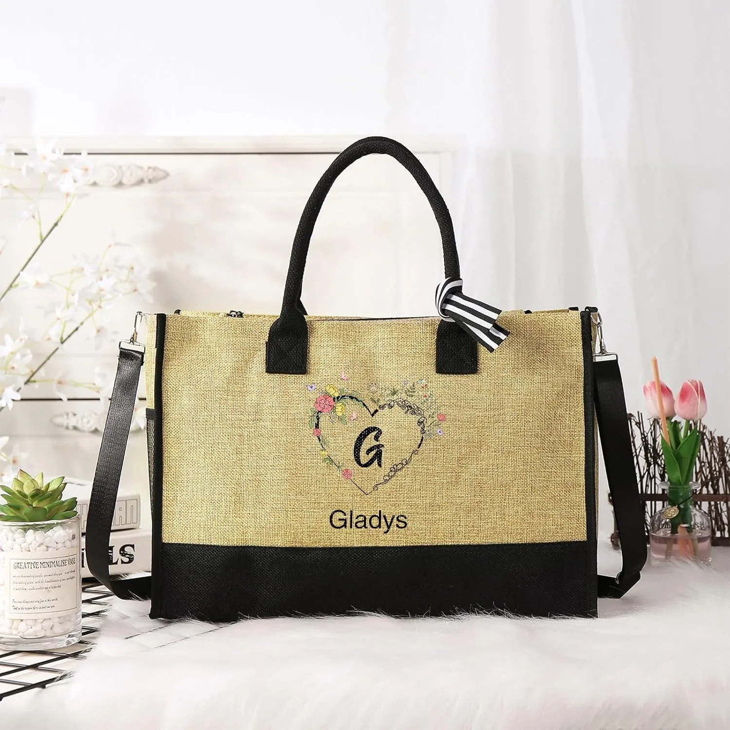 Personalized Names Tote Bags for Women - Custom Initial Bag for Shopping Reusable Gifts for Wedding Christmas