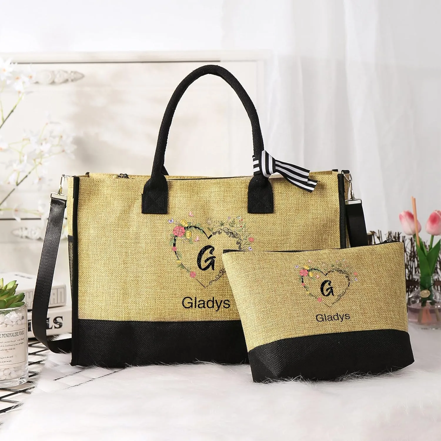 Personalized Names Tote Bags for Women - Custom Initial Bag for Shopping Reusable Gifts for Wedding Christmas
