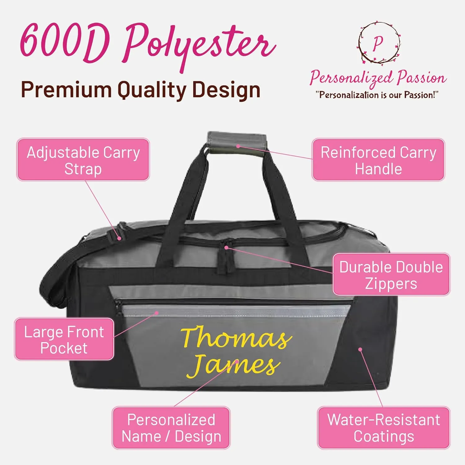 Personalized Passion Duffel Bag for Men and Women - Perfect Sized Water Resistant Travel Duffle - Custom Name Overnight Weekender Bag for Storage - Gray