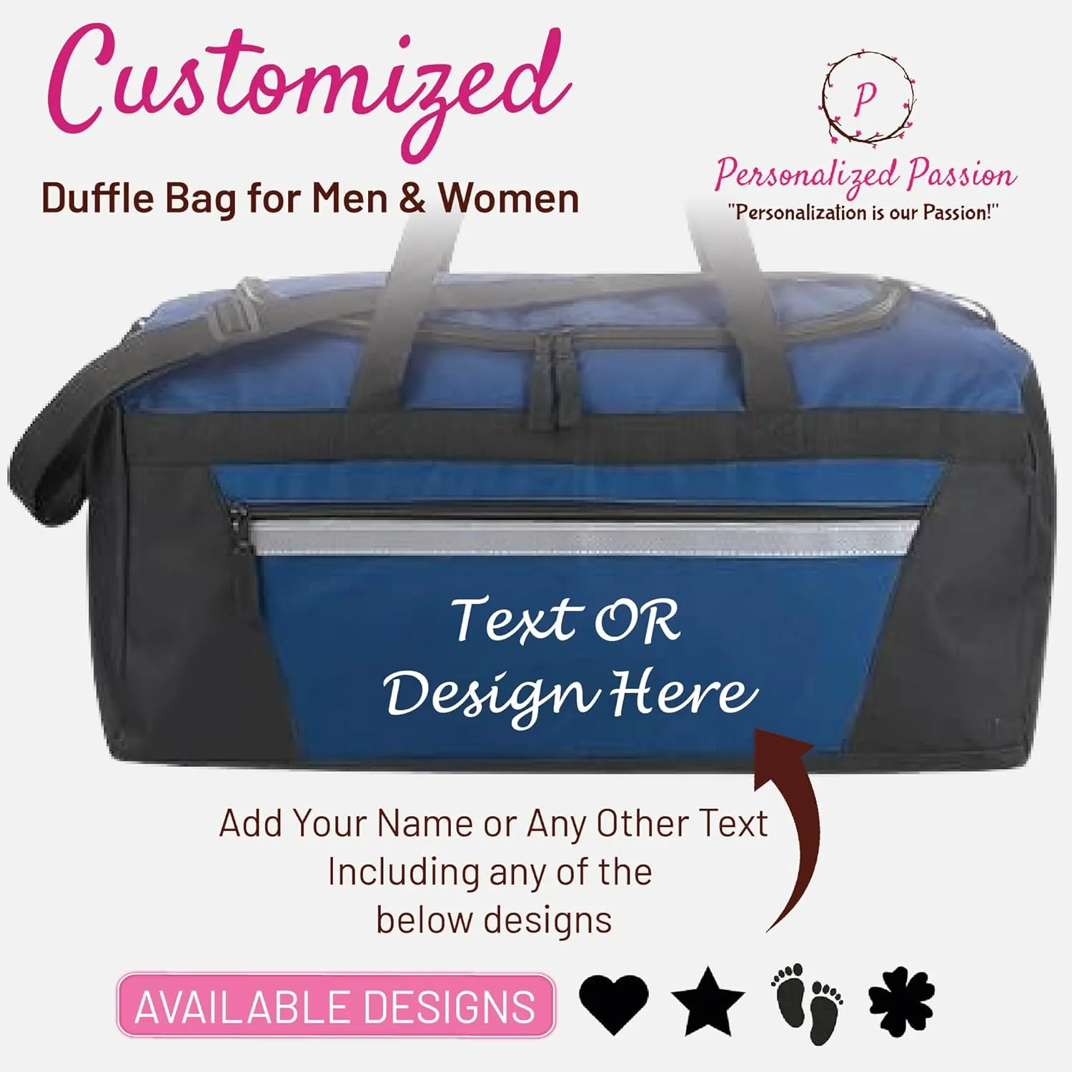 Personalized Passion Duffel Bag for Men and Women - Perfect Sized Water Resistant Travel Duffle - Custom Name Overnight Weekender Bag for Storage - Gray