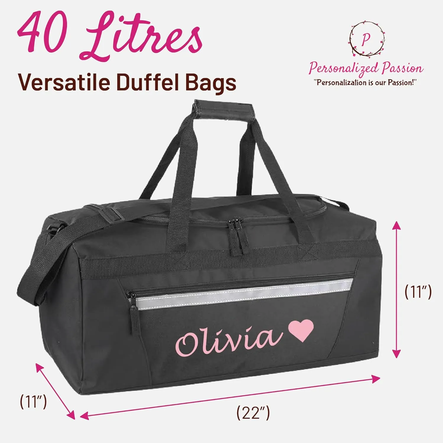 Personalized Passion Duffel Bag for Men and Women - Perfect Sized Water Resistant Travel Duffle - Custom Name Overnight Weekender Bag for Storage - Gray