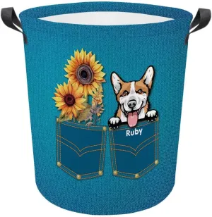 Personalized Sunflower Laundry Basket Cute Pembroke Welsh Corgi Dog Bathroom Cloth Bag Custom Dog Name Storage Basket.