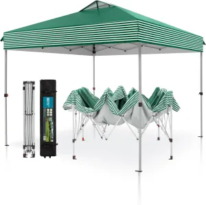 PHI VILLA Pop Up Canopy 10 10 Tents for Parties with Wheeled Bag, Portable Lightweight Folding w/Adjustable Height,Green and White Stripes，Green Stripe