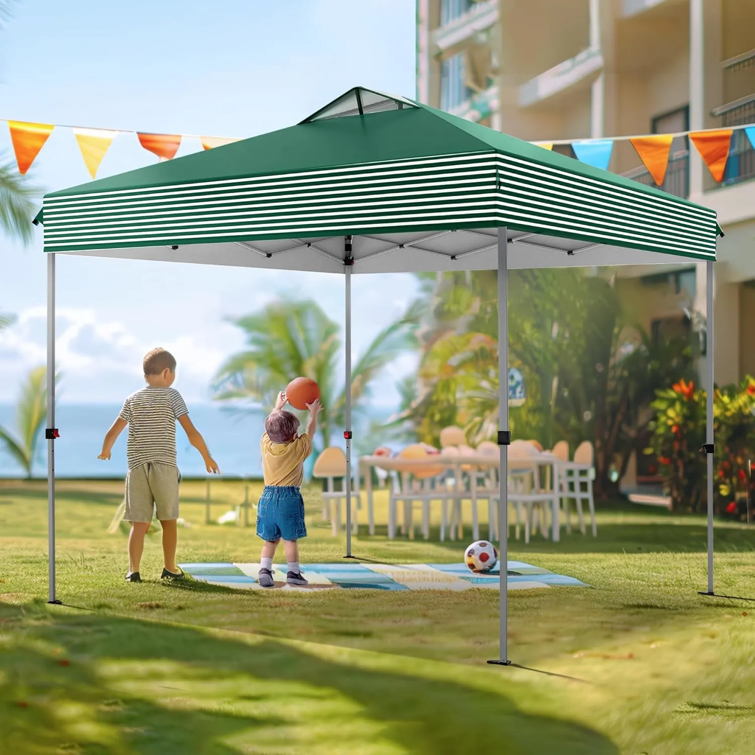 PHI VILLA Pop Up Canopy 10 10 Tents for Parties with Wheeled Bag, Portable Lightweight Folding w/Adjustable Height,Green and White Stripes，Green Stripe