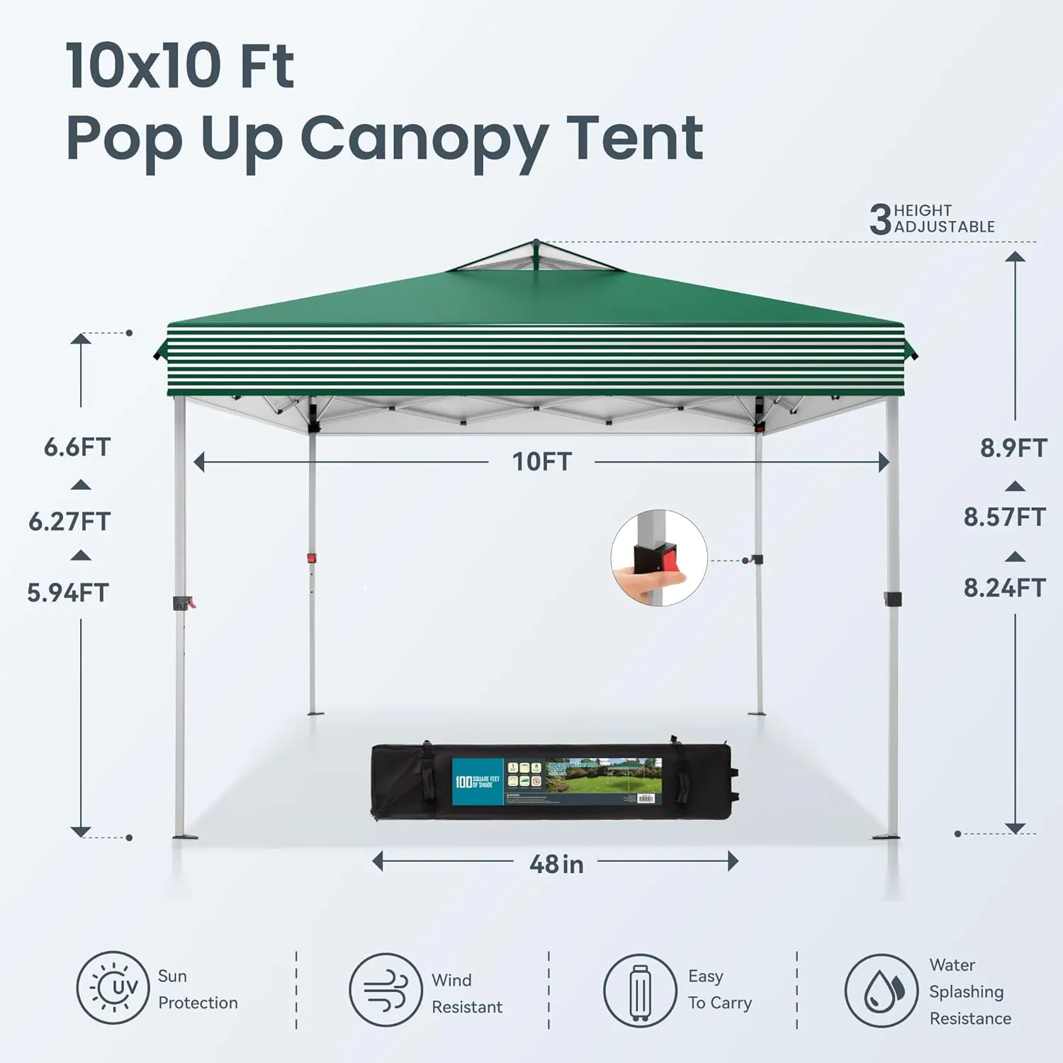 PHI VILLA Pop Up Canopy 10 10 Tents for Parties with Wheeled Bag, Portable Lightweight Folding w/Adjustable Height,Green and White Stripes，Green Stripe